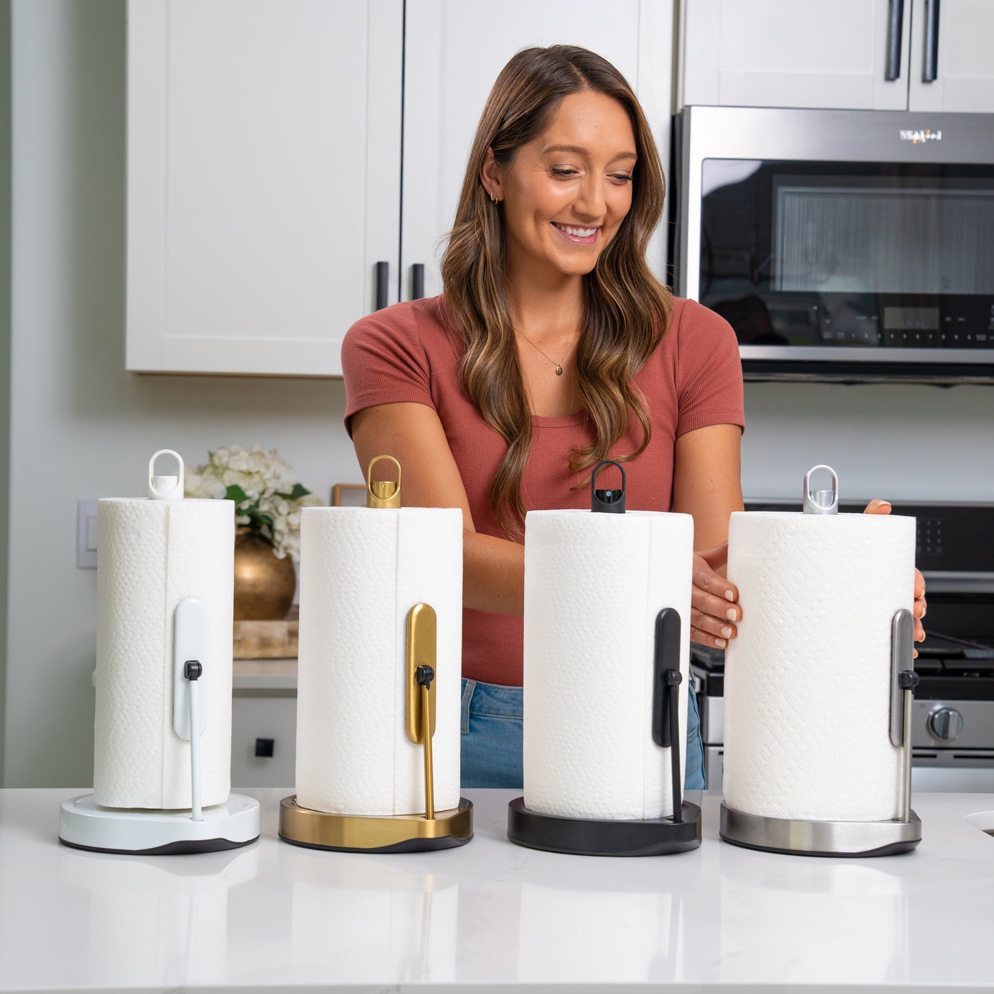 One-Handed Paper Towel Holder with Tension Arm and Weighted Base with Sprayer