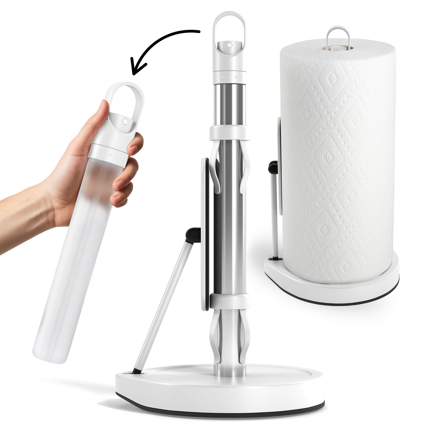 One-Handed Paper Towel Holder with Tension Arm and Weighted Base | Built-In Sprayer