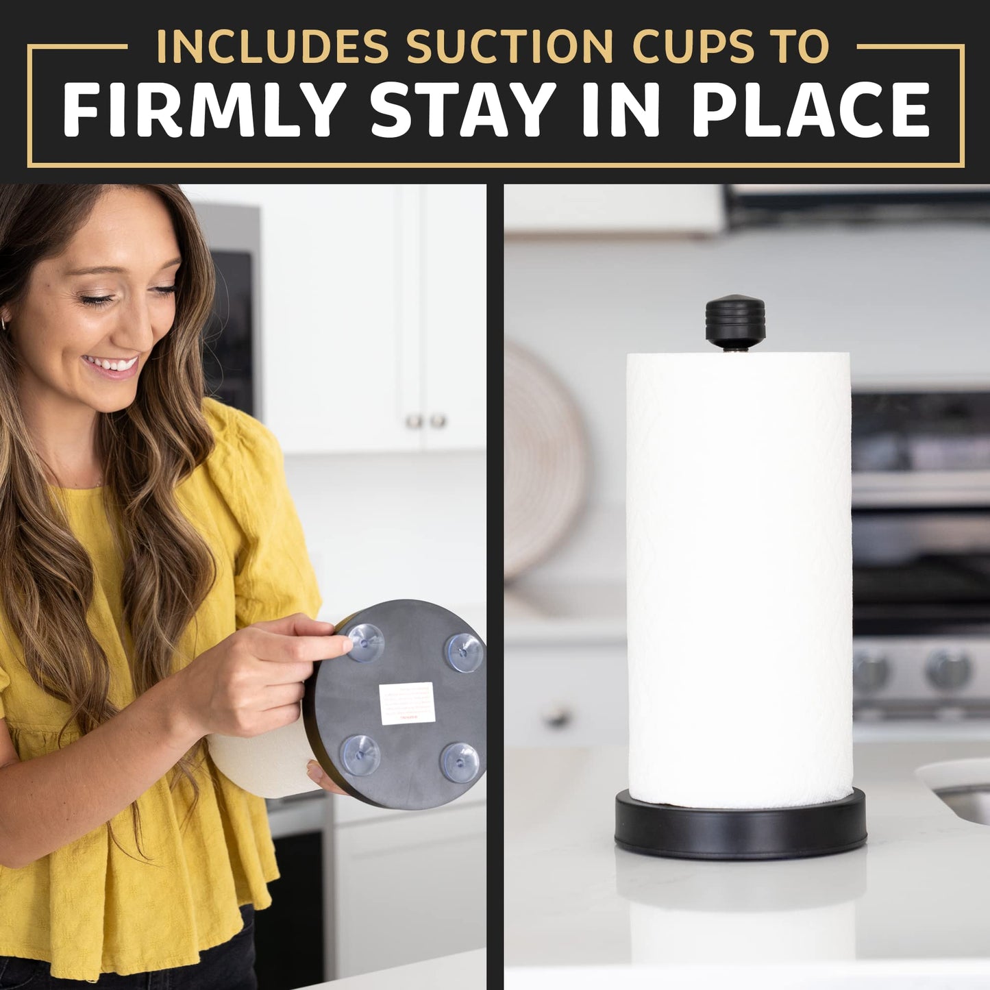 Stainless Steel Paper Towel Holder Designed for Easy One-Handed Operation - This Sturdy Weighted Paper Towel Dispenser Countertop Model Has Suction Cups and Holds All Paper Towel Rolls