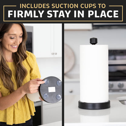 Stainless Steel Paper Towel Holder Designed for Easy One-Handed Operation - This Sturdy Weighted Paper Towel Dispenser Countertop Model Has Suction Cups and Holds All Paper Towel Rolls