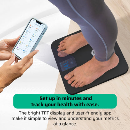 Premium Smart Digital Body Weight Scale with 4 Electrodes – WIFI & Bluetooth Connected for Full Body Analysis -Track Body Fat, Muscle Mass, Fat Percentage – Rechargeable, 25+Metrics Sleek Design