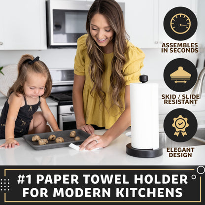 Stainless Steel Paper Towel Holder Designed for Easy One-Handed Operation - This Sturdy Weighted Paper Towel Dispenser Countertop Model Has Suction Cups and Holds All Paper Towel Rolls