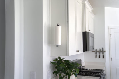 Modern kitchen with white cabinets, a plant, and a light fixture.