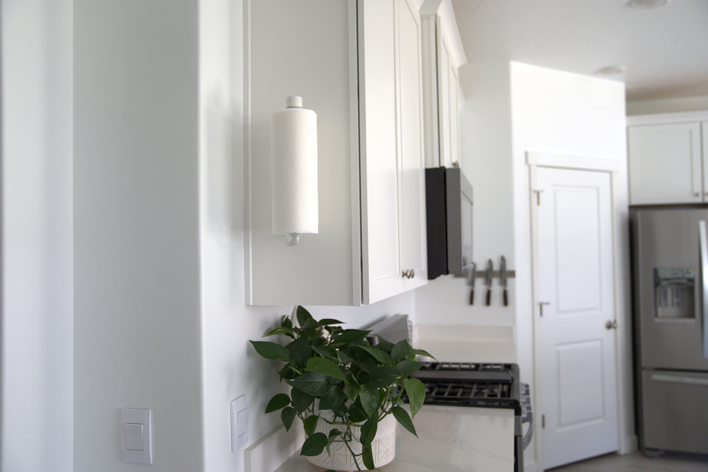 Modern kitchen with white cabinets, stainless steel refrigerator, and a plant on the counter, white mounted paper towel holder.