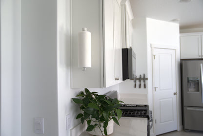 Modern kitchen with white cabinets, stainless steel refrigerator, and a plant on the counter, white mounted paper towel holder.