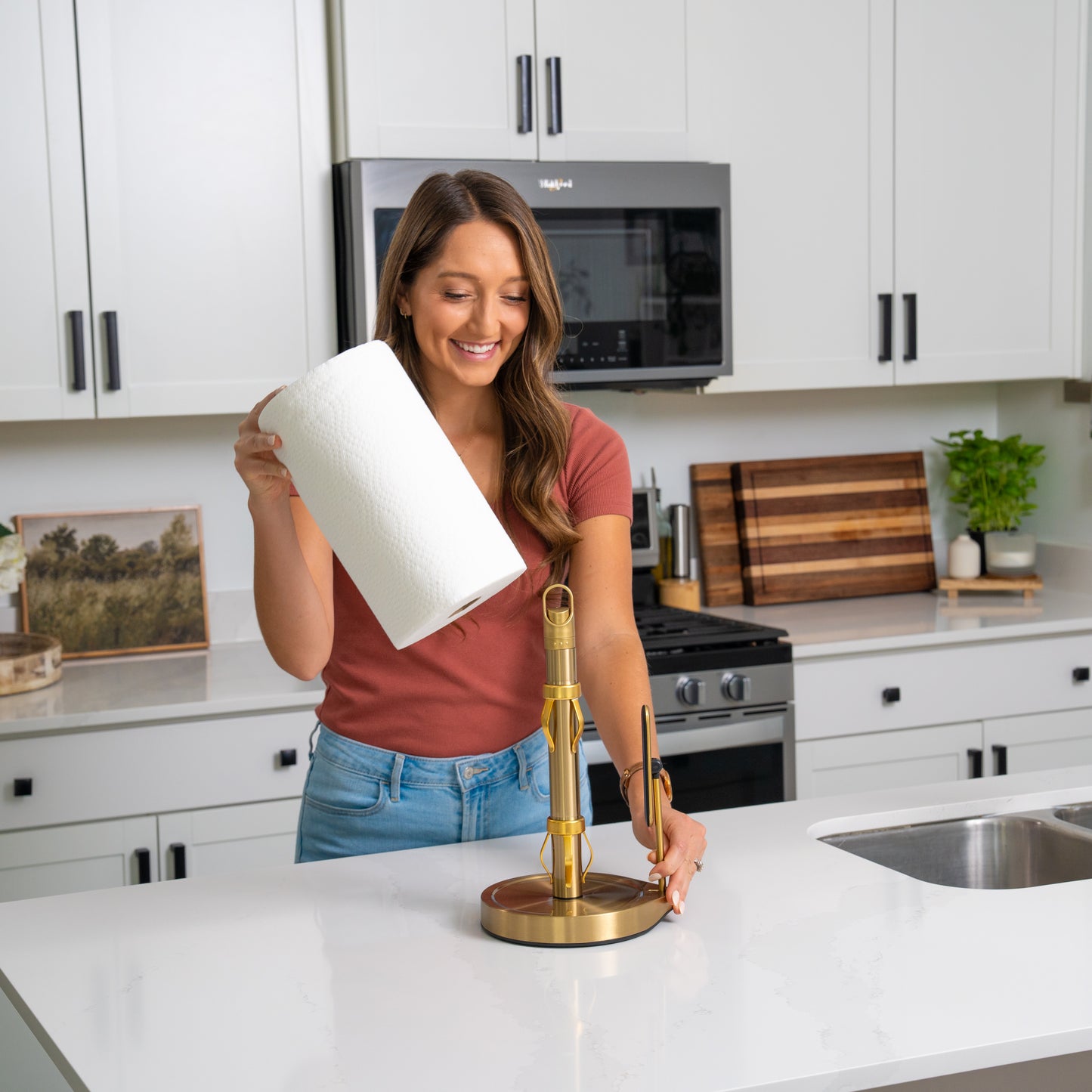 One-Handed Paper Towel Holder with Tension Arm and Weighted Base with Sprayer