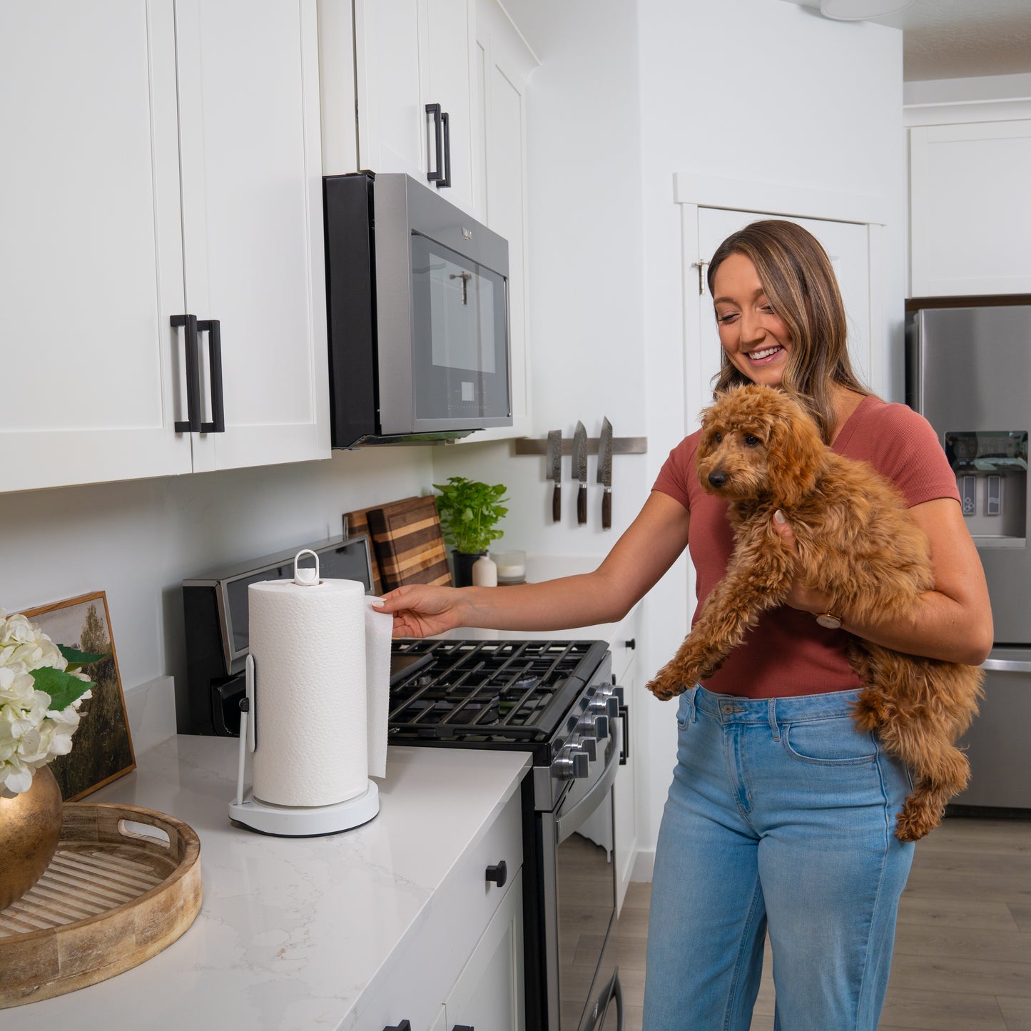 One-Handed Paper Towel Holder with Tension Arm and Weighted Base with Sprayer