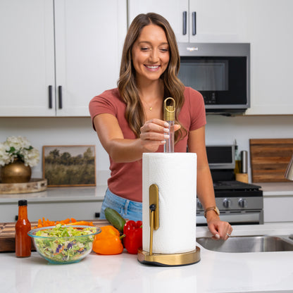 One-Handed Paper Towel Holder with Tension Arm and Weighted Base with Sprayer