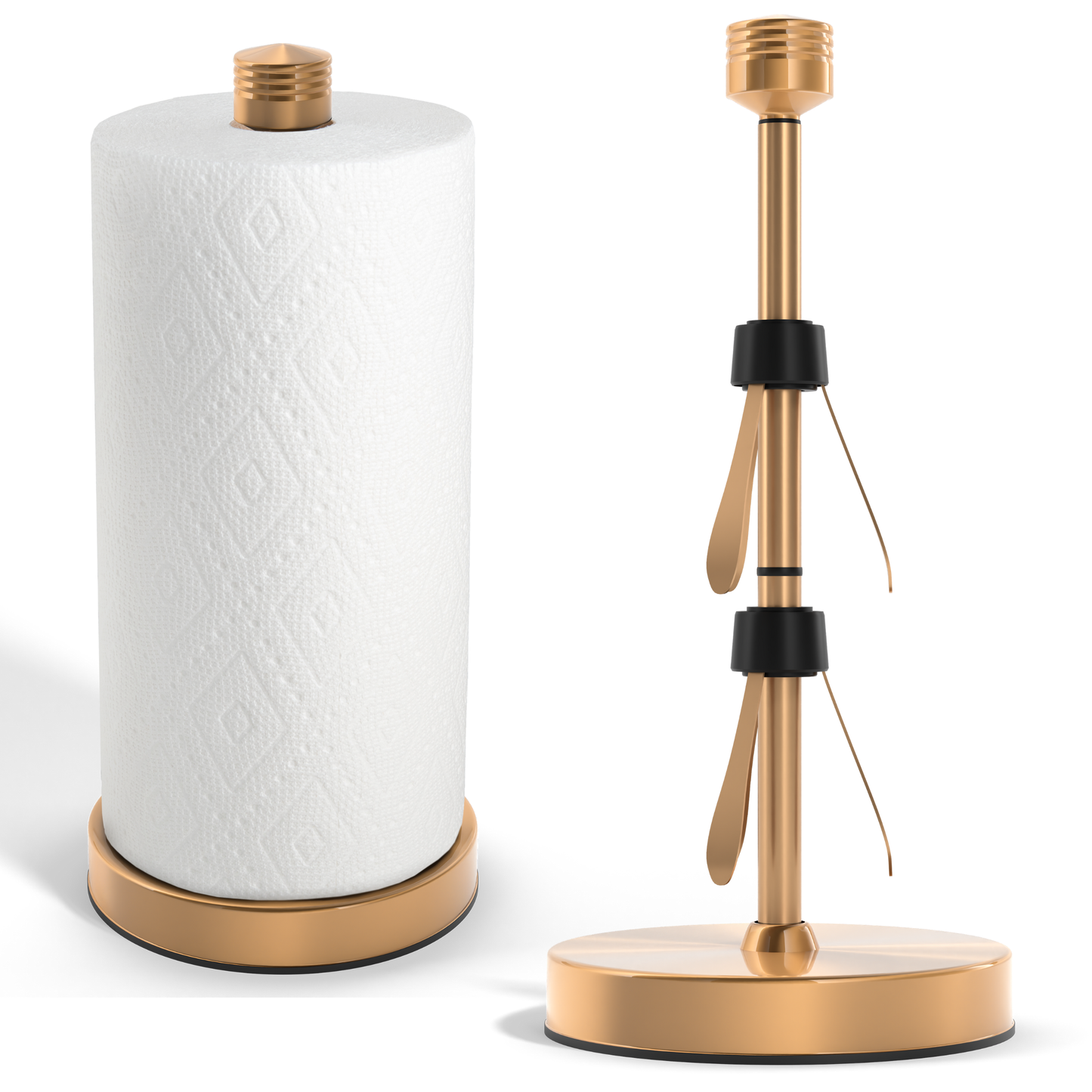 Gold paper towel holder with a roll of paper towels on a white background