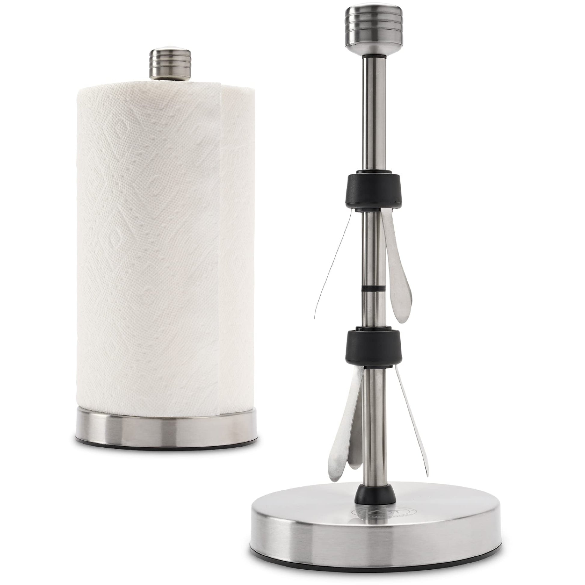 A stainless steel paper towel holder with a weighted base and suction cups, designed for countertop use. It is displayed alongside a roll of paper towel.