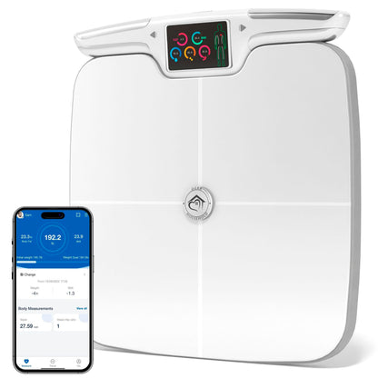 8-Electrodes digital body weight scale with a blue platform and black edges, featuring a digital display and a smartphone showing the scale's app interface.