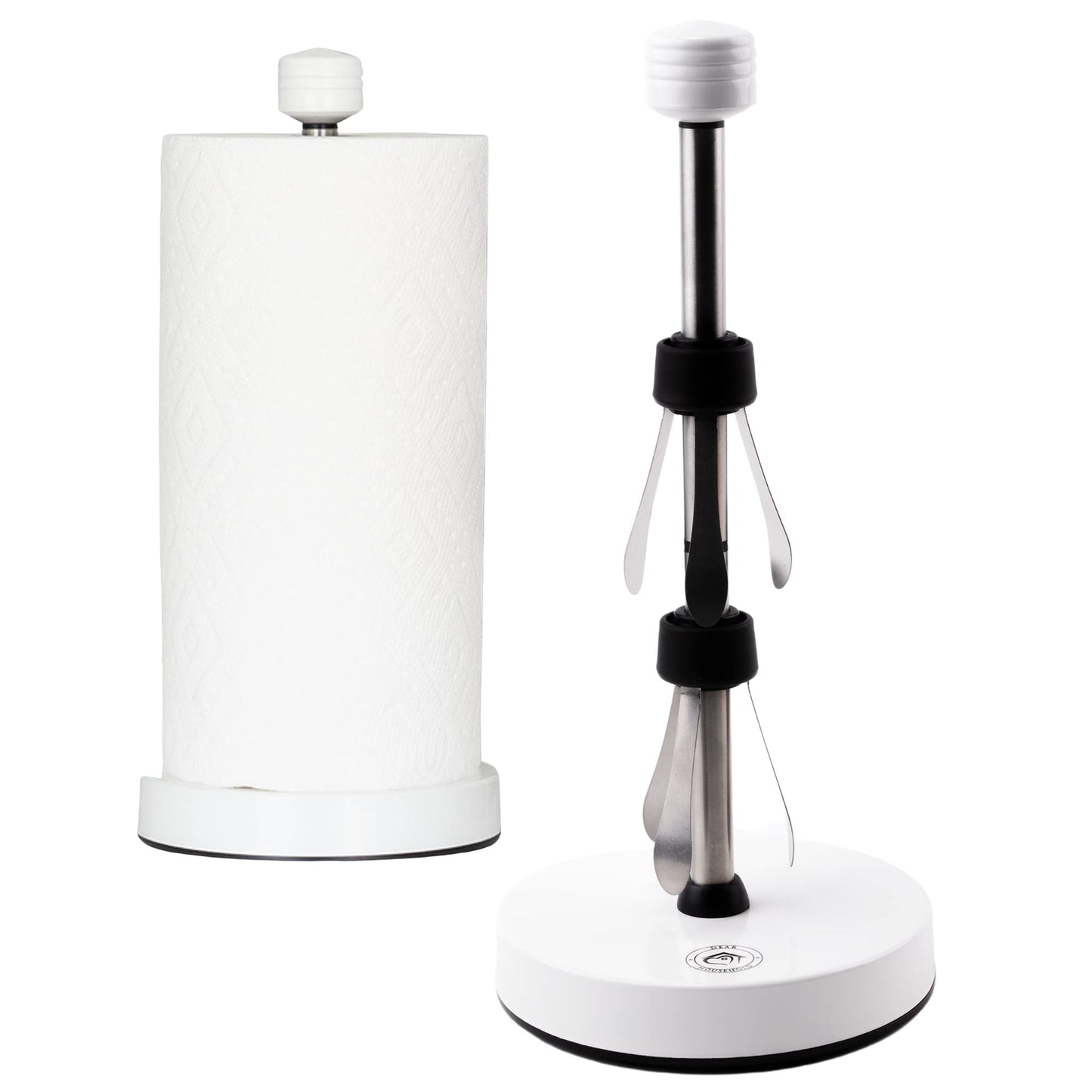 A stainless steel paper towel holder with a weighted base and suction cups, designed for countertop use. It is displayed alongside a roll of paper towel.