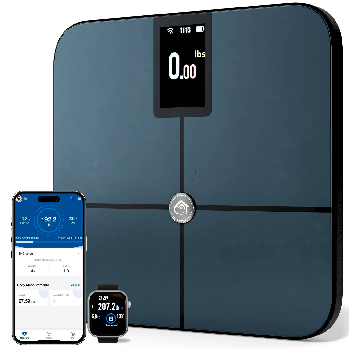 4-Electrodes Digital bathroom scale with smartphone app and smartwatch displayed on a white background