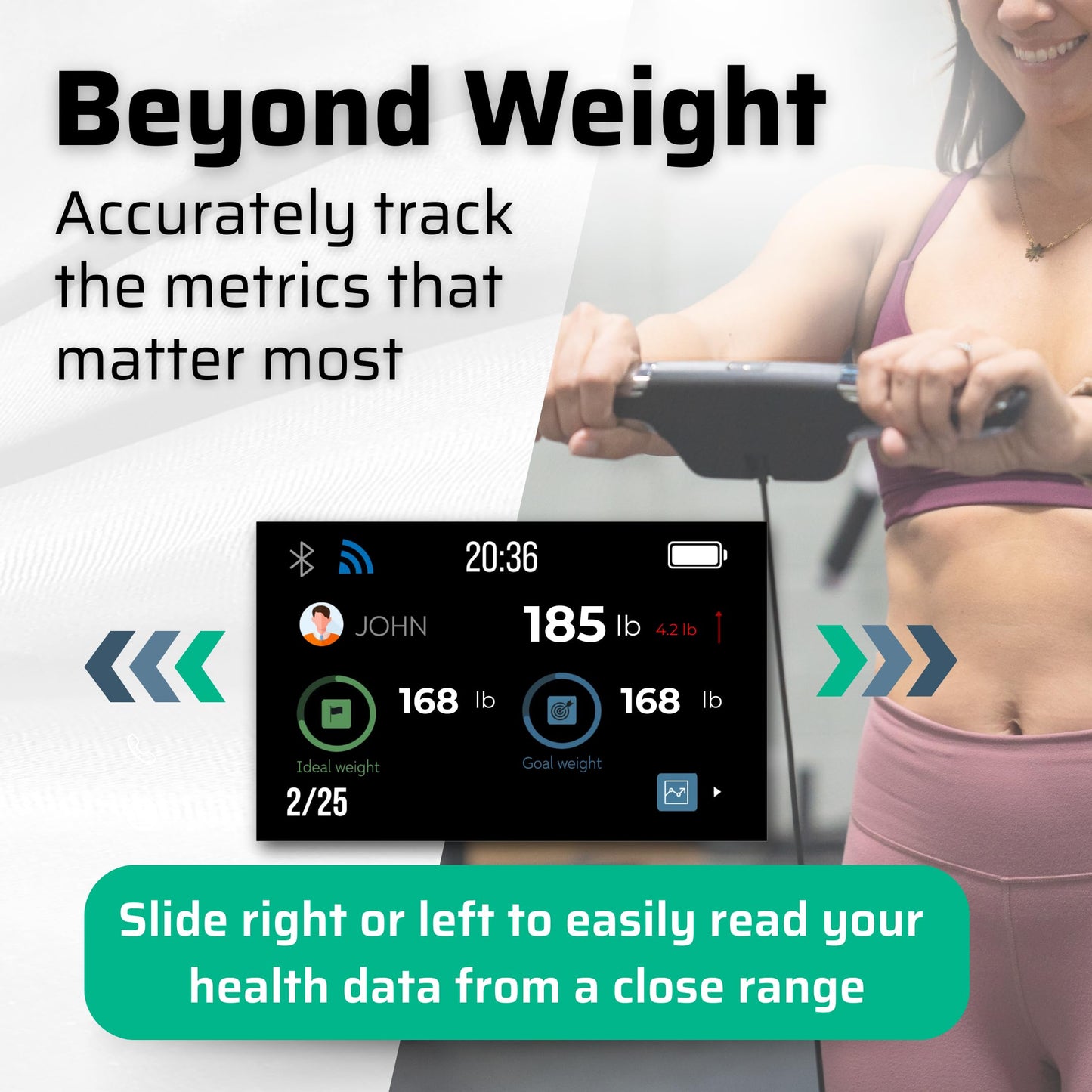Infographic of woman using 8-Electrodes. Beyond weight, accurately track the metrics that matter most. 