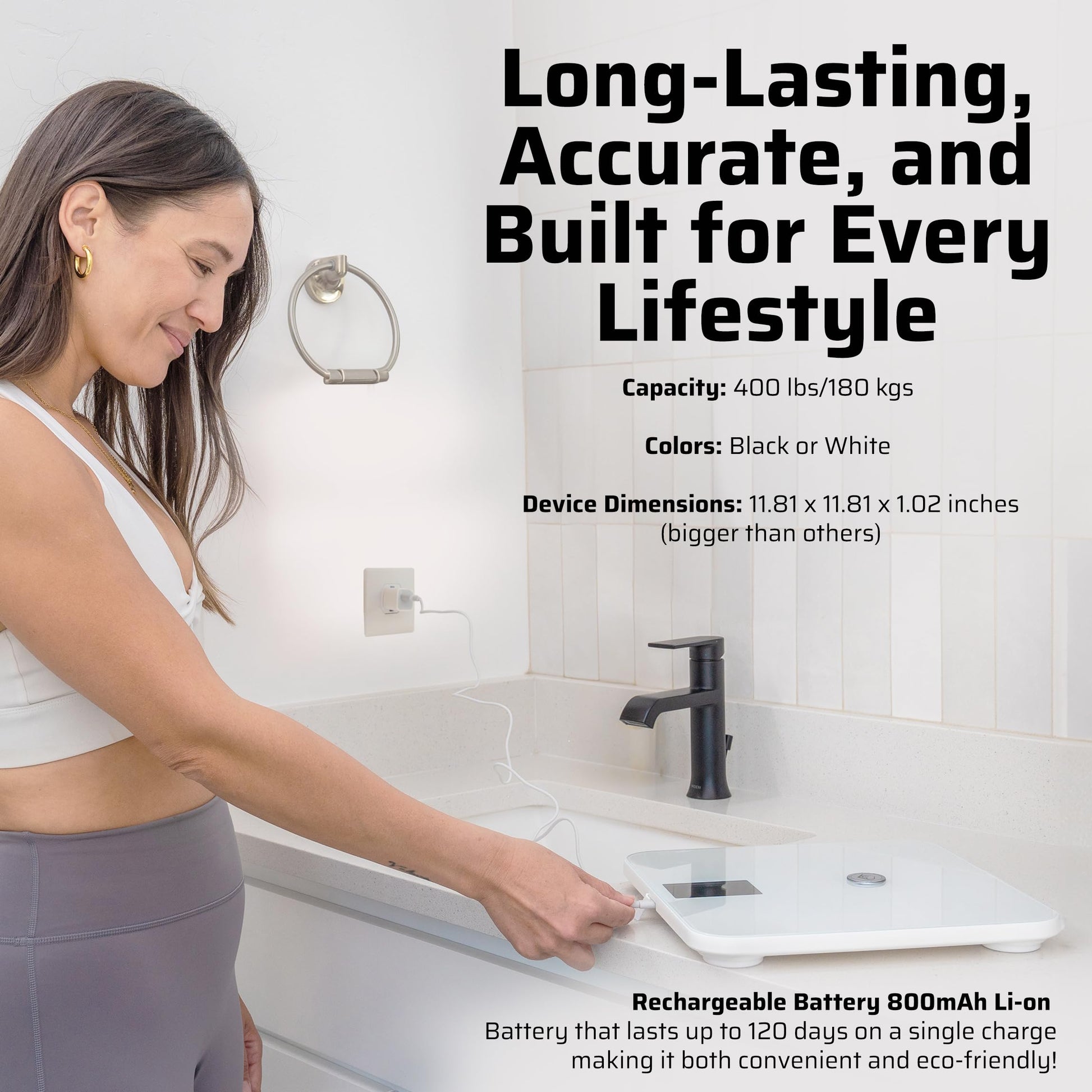 Infographic of woman plugging in the charger to the 4-electrodes scale in the bathroom