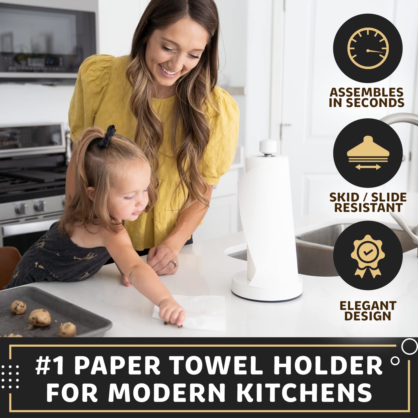 Infographic of woman and little girl in the kitchen wiping the countertop. The white traction system, one-handed paper towel holder is next to them. 