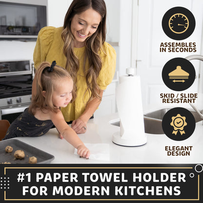 Infographic of woman and little girl in the kitchen wiping the countertop. The white traction system, one-handed paper towel holder is next to them. 