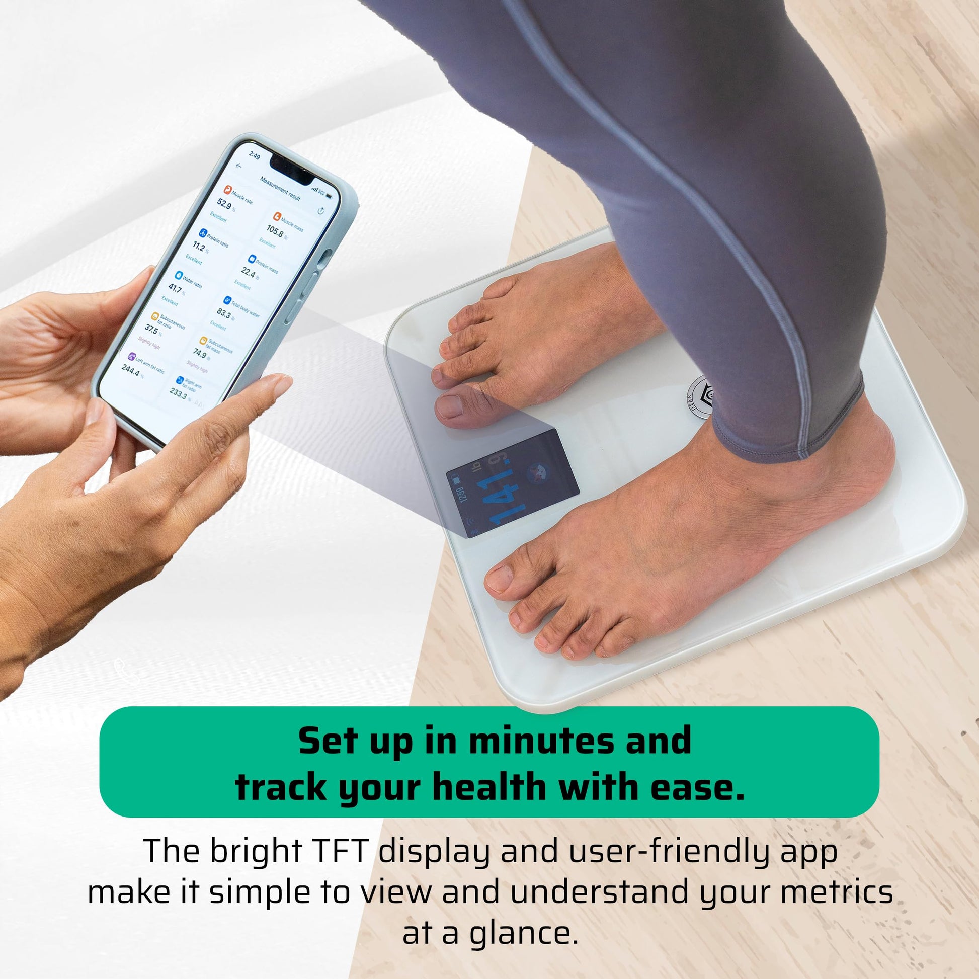 Infographic of woman setting up the 4-electrodes app to her smart phone