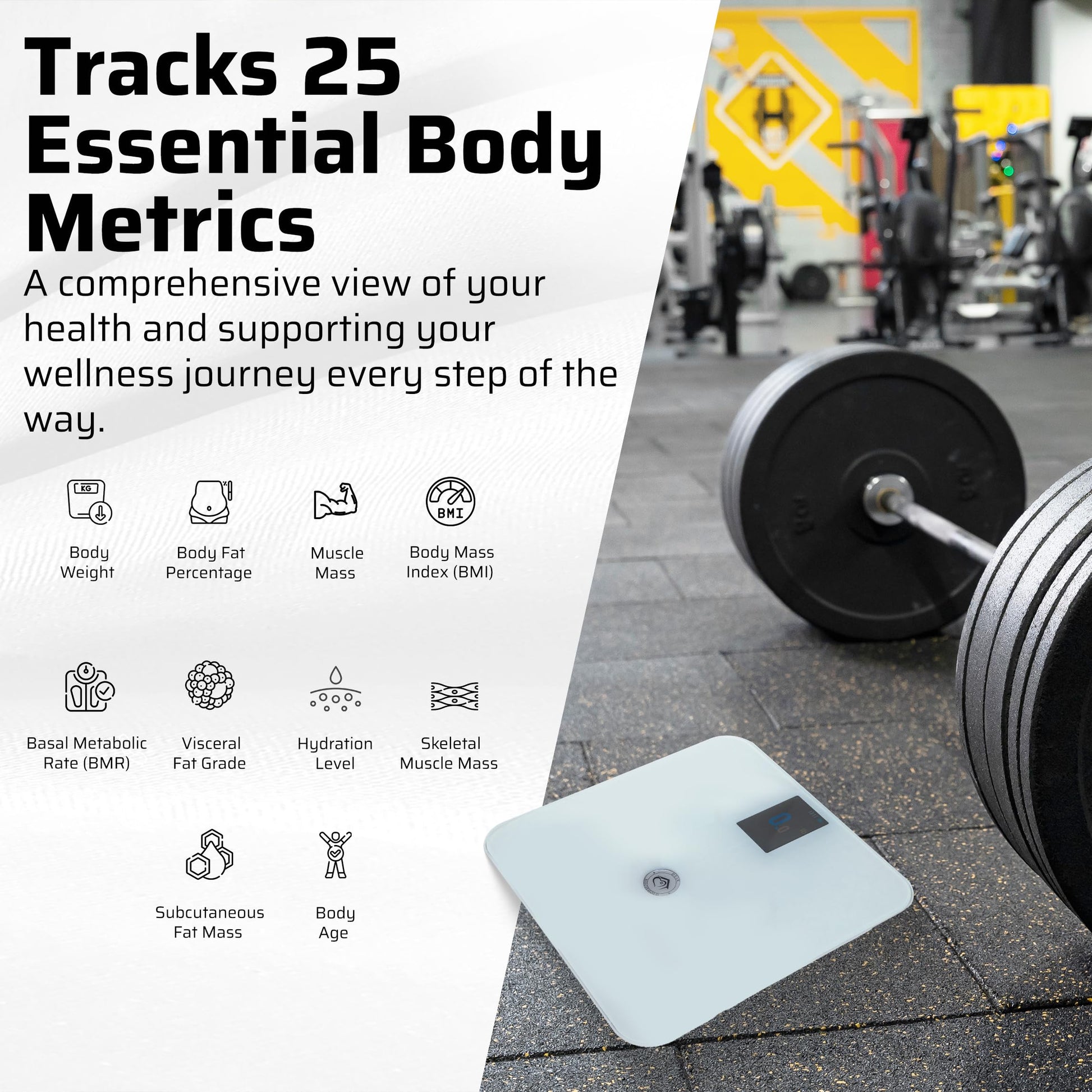 Image of scale at the gym. Infographic shows that the 4-electrodes track 25 essential body metrics.