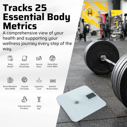 Image of scale at the gym. Infographic shows that the 4-electrodes track 25 essential body metrics.