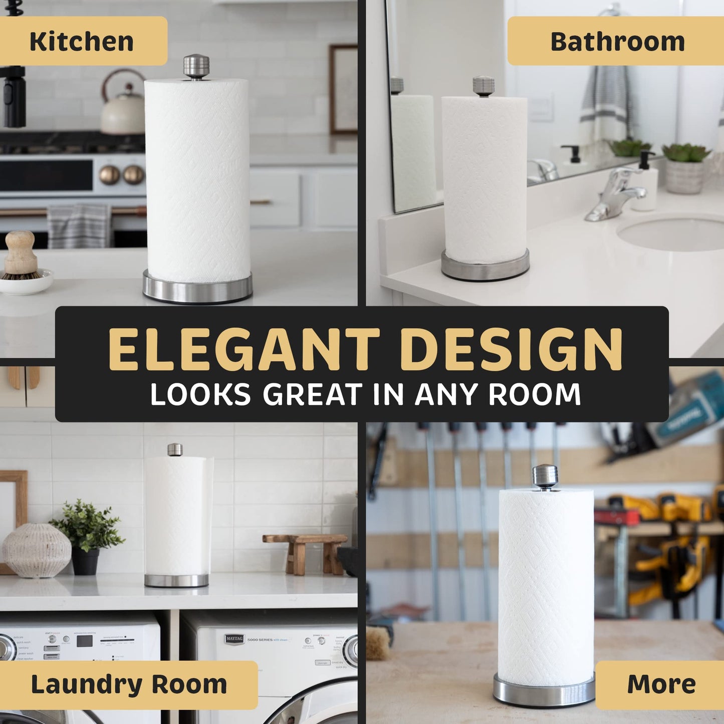 Infographic use cases for the traction system, one-handed paper towel holder. Kitchen. Bathroom. Laundry Room. More.