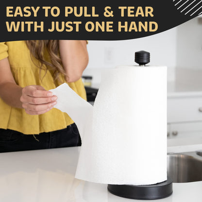 Infographic of woman in the kitchen pulling one sheet of paper towel from the black traction system, one-handed paper towel holder 