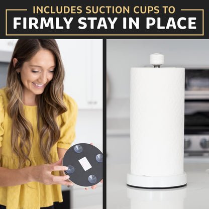 Infographic of woman showing the suction cups of the the white traction system, one-handed paper towel holder
