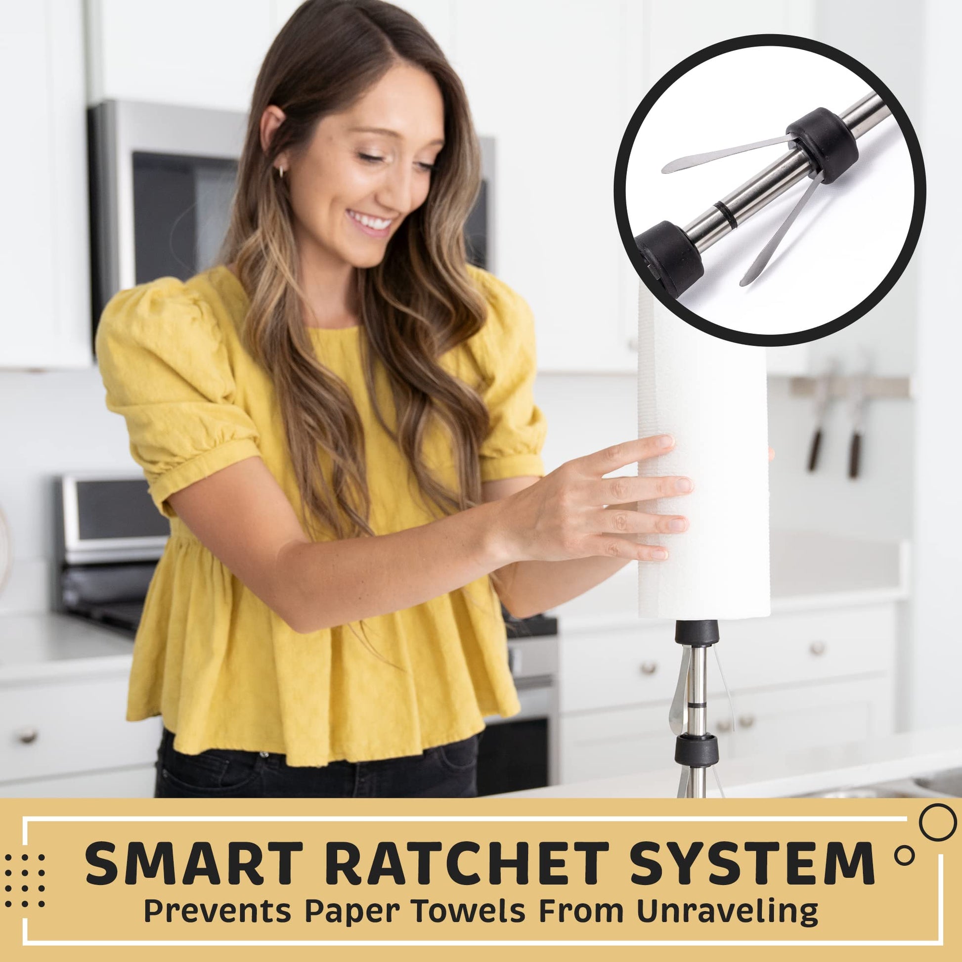 Infographic of woman putting new roll of paper towel on the traction system, one-handed paper towel holder 