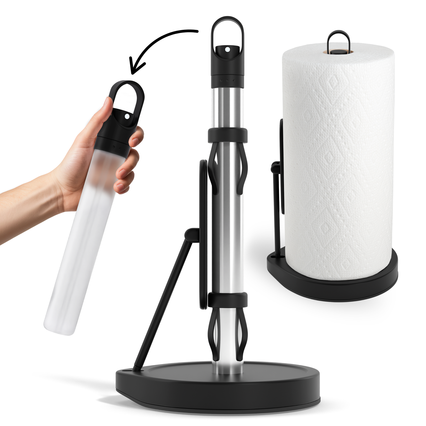 One-Handed Paper Towel Holder with Tension Arm and Weighted Base | Built-In Sprayer