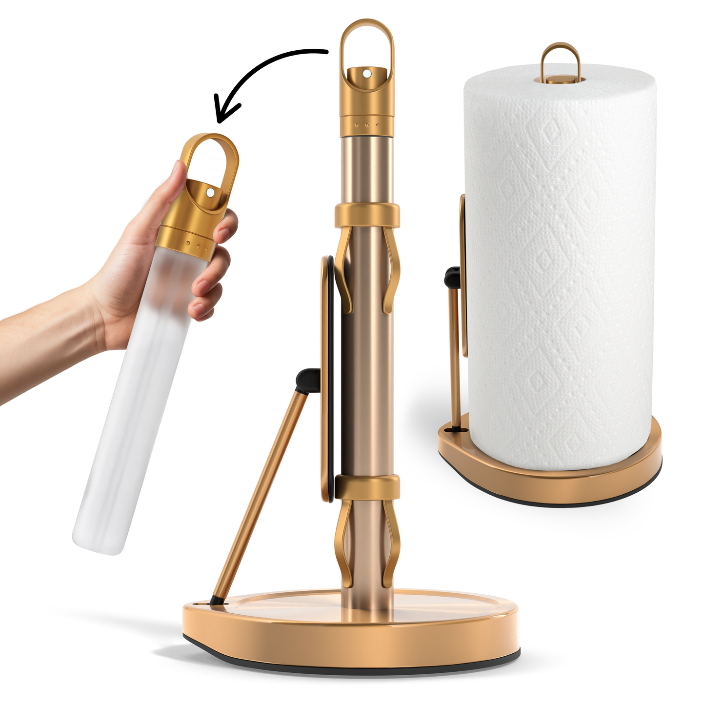 Gold paper towel holder with a hand holding a paper towel roll, on a white background
