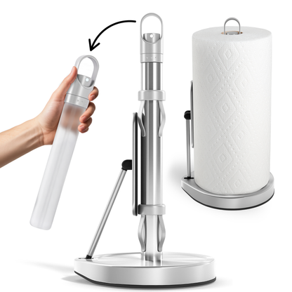 One-Handed Paper Towel Holder with Tension Arm and Weighted Base | Built-In Sprayer