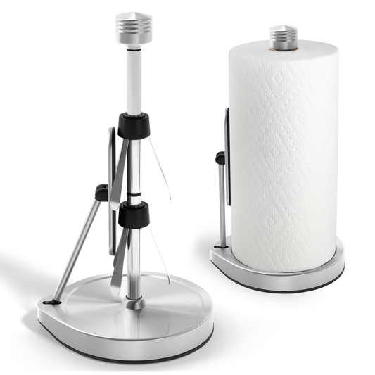 Tension Arm Paper Towel Holder. Hero Image. Silver variation on white background