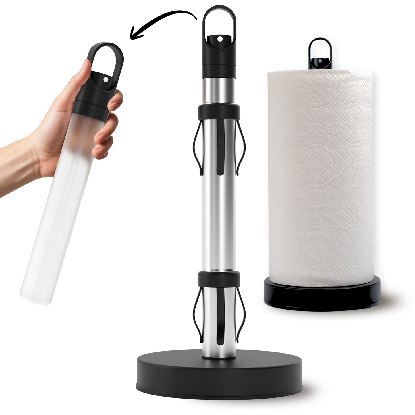 One-Handed Paper Towel Holder with Tension Arm and Weighted Base with Sprayer