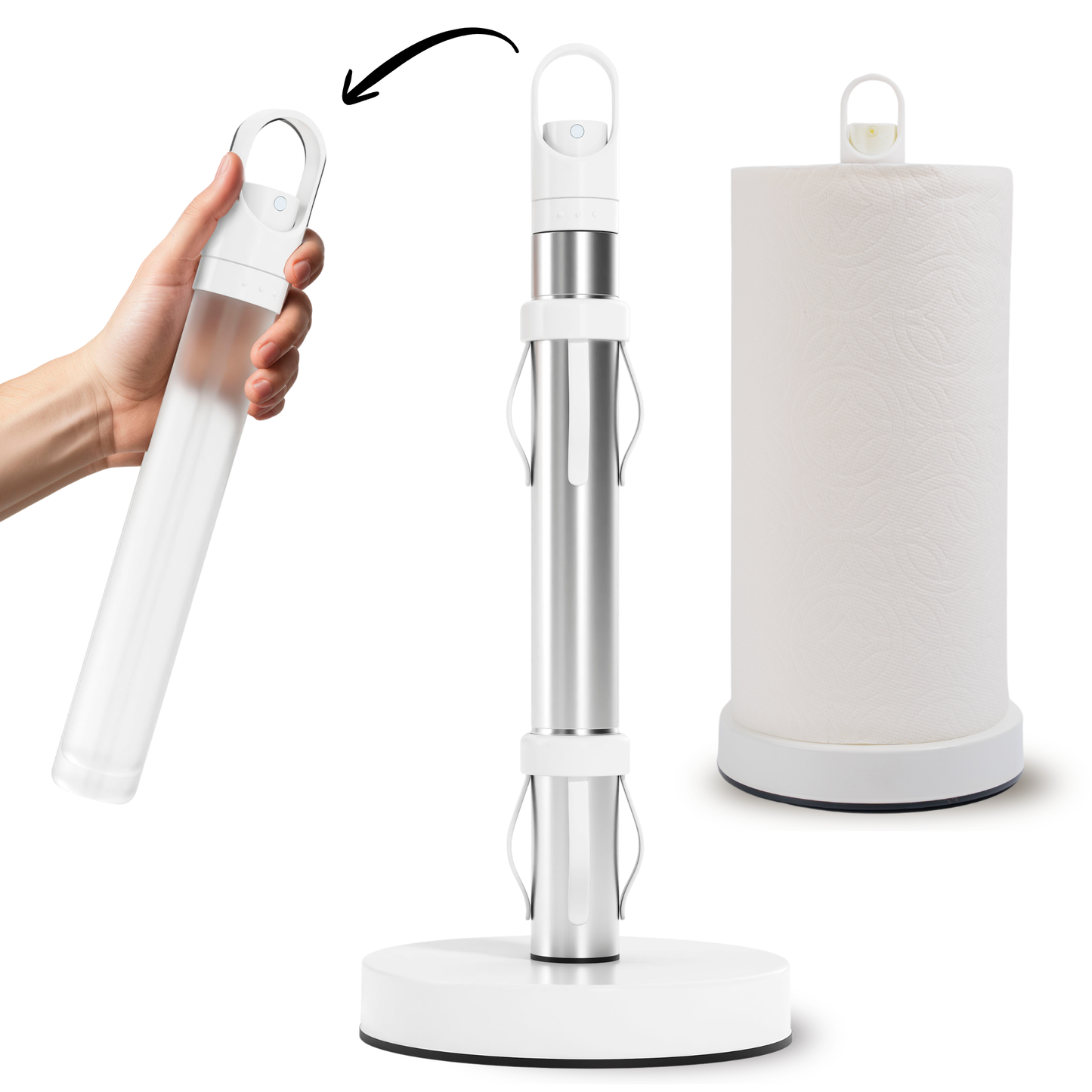 One-Handed Paper Towel Holder with Tension Arm and Weighted Base with Sprayer