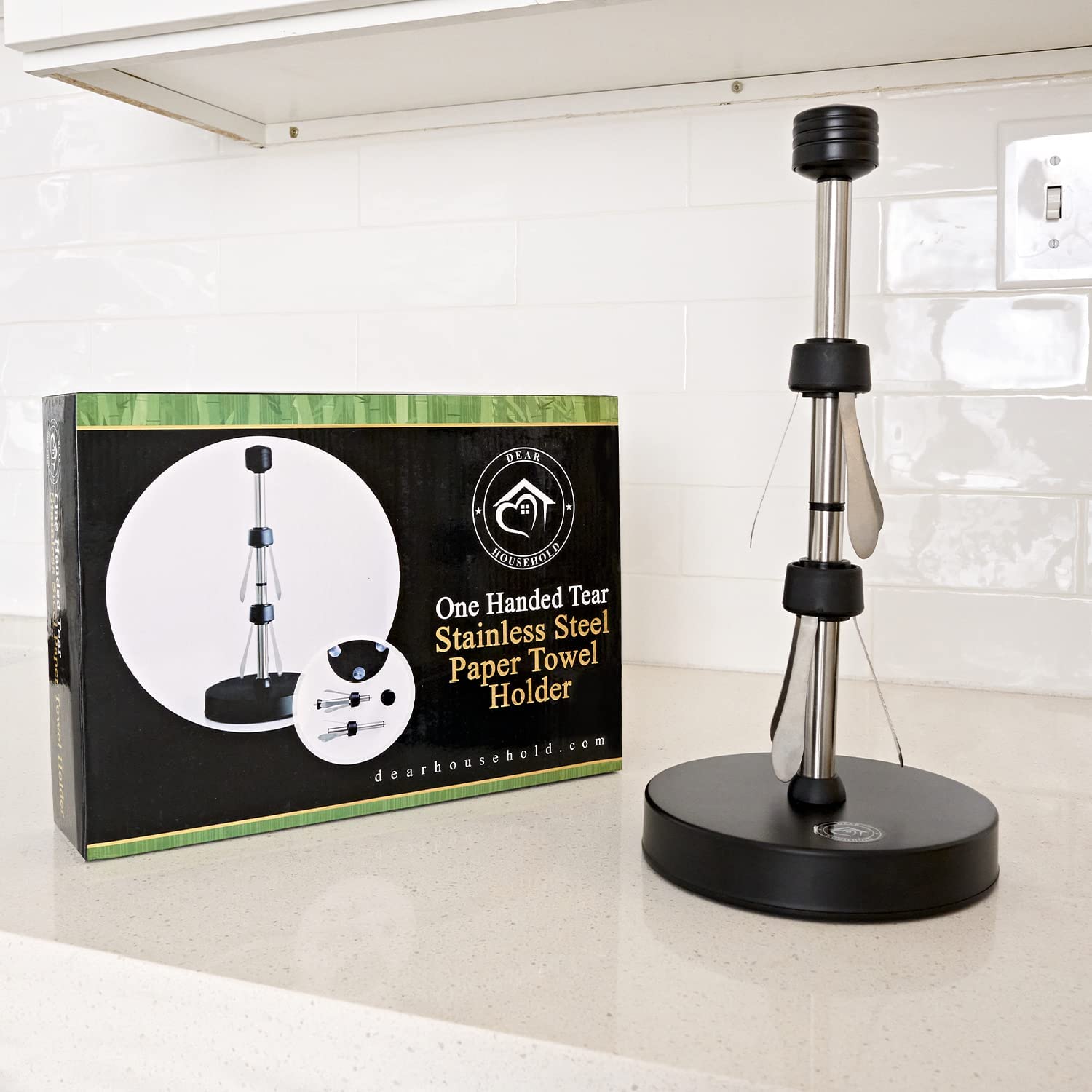 Countertop Paper Towel Holder with Spray Bottle, Stainless Steel Freestanding Kitchen Tissue Rack, Black, Size: 6.7“ x 12.2”